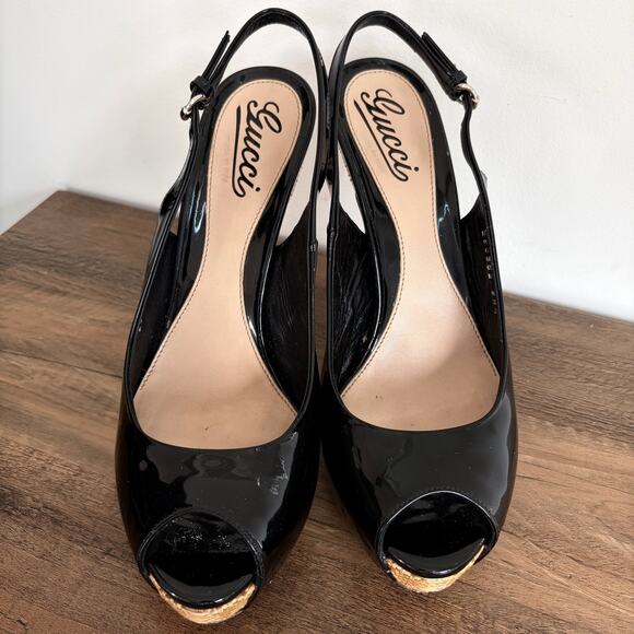 GUCCI Patent Leather Slingback Heels Sz 8.5 / EU 38.5 Black Peep Toe Classic Box - Picture 3 of 11